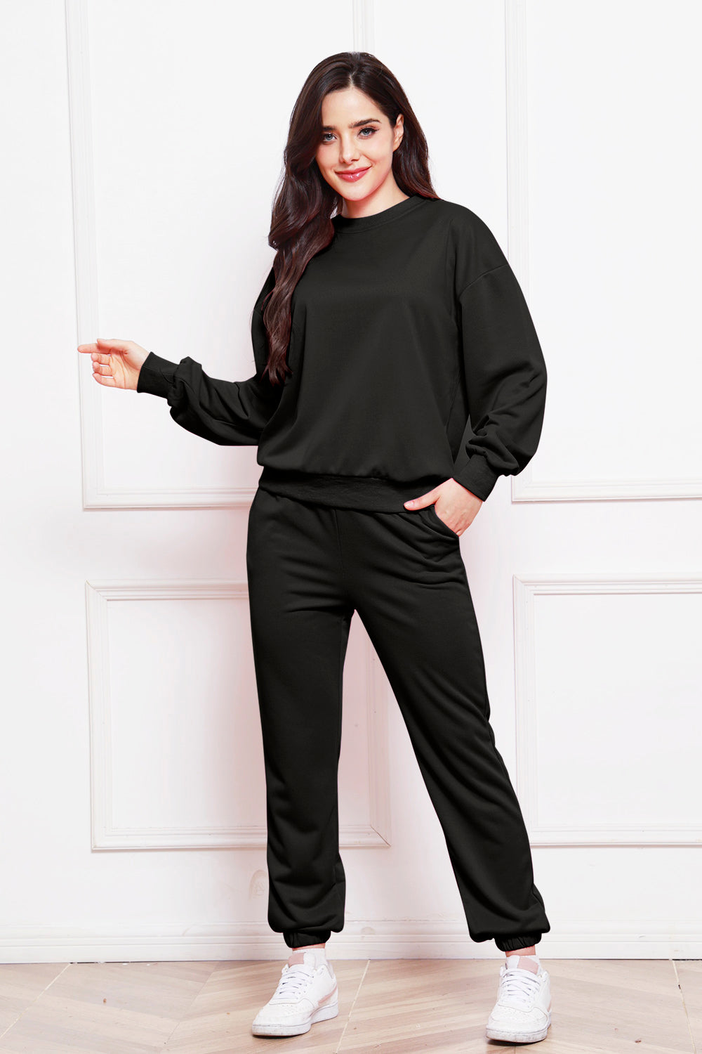 Round Neck Long Sleeve Sweatshirt and Pants Set