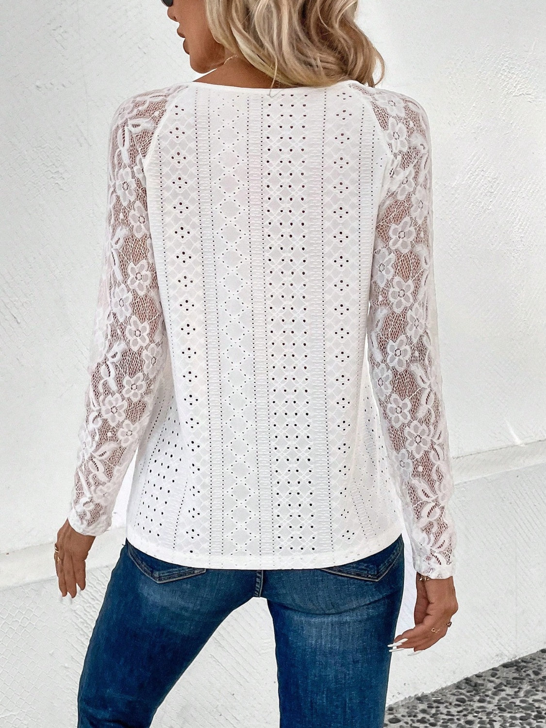 Lace Eyelet V-Neck Long Sleeve Blouse