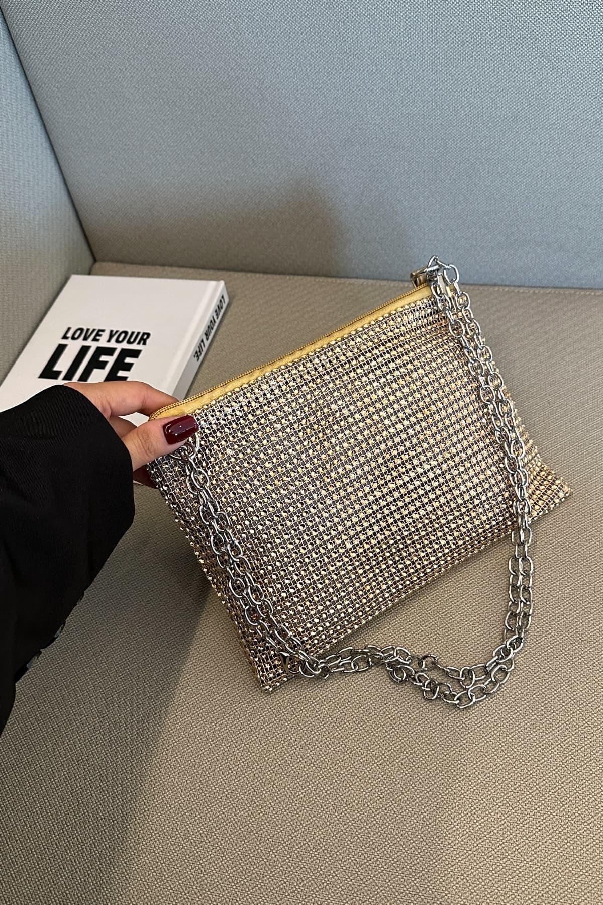 Rhinestone Polyester Chain Crossbody Bag