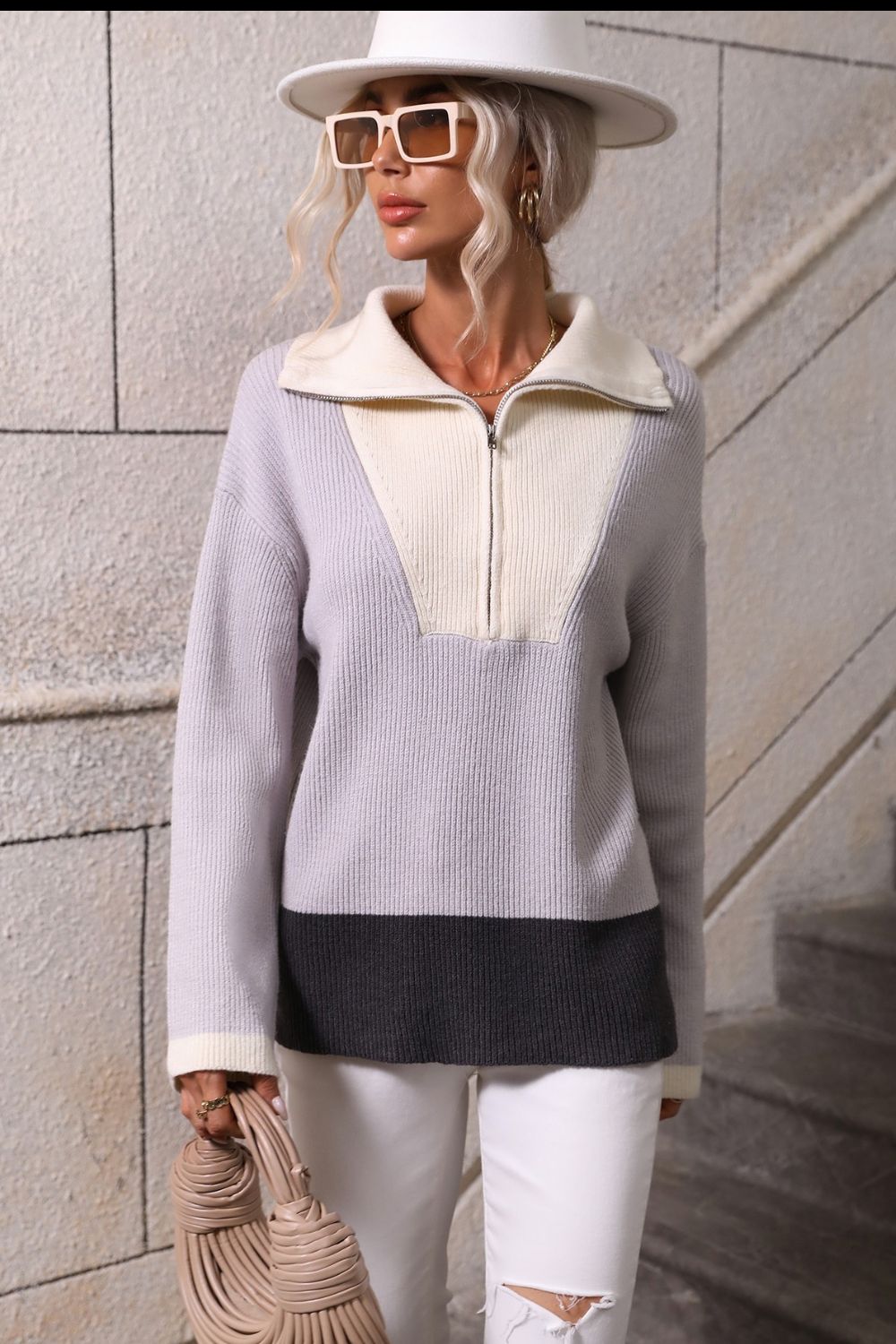 Color Block Half-Zip Dropped Shoulder Knit Pullover