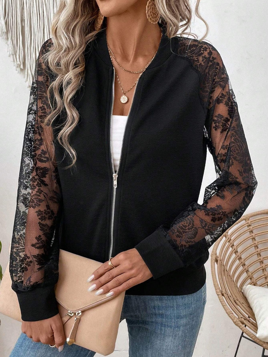 Lace Baseball Collar Zip Up Jacket