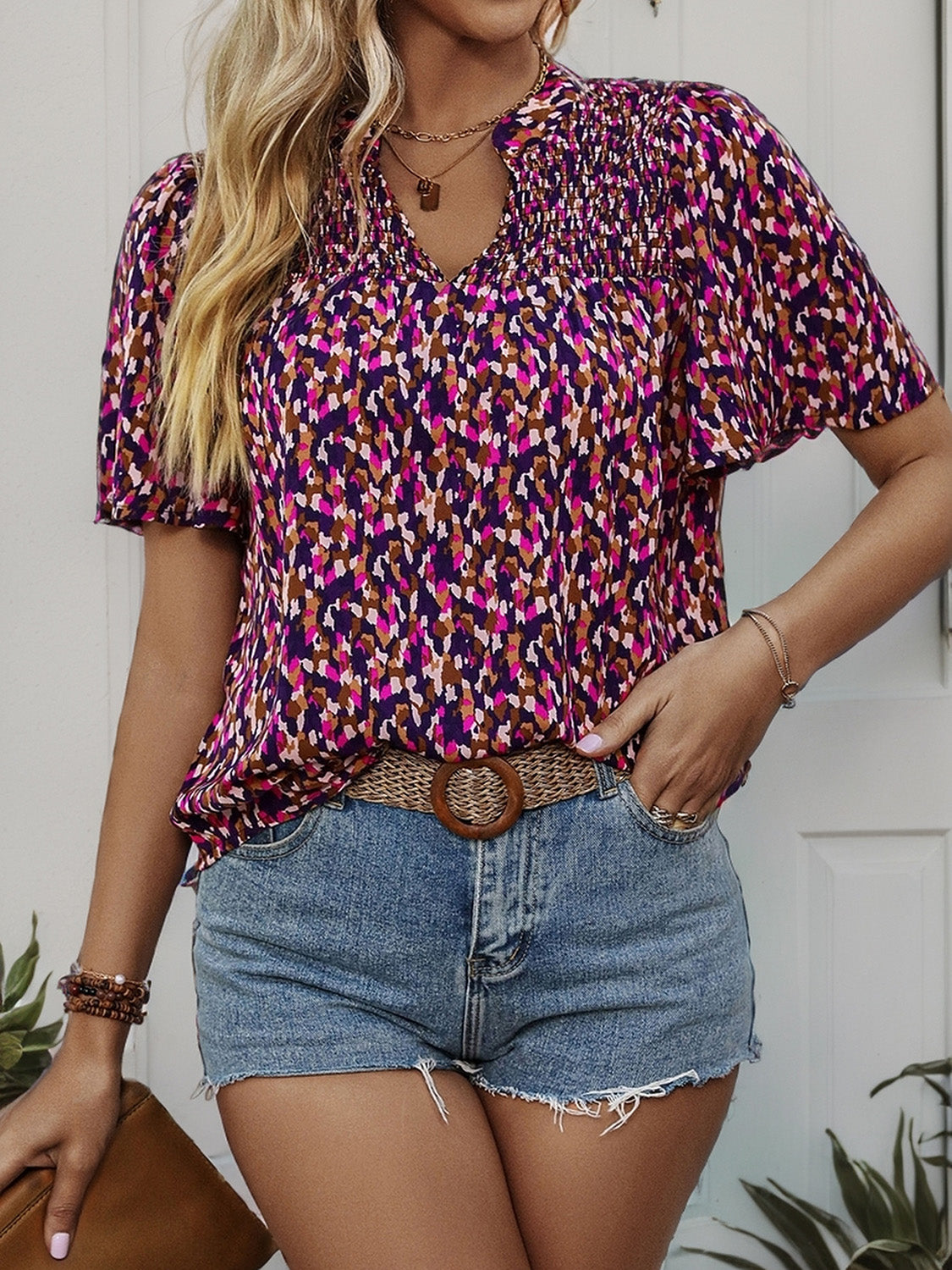 Printed Notched Flutter Sleeve Blouse