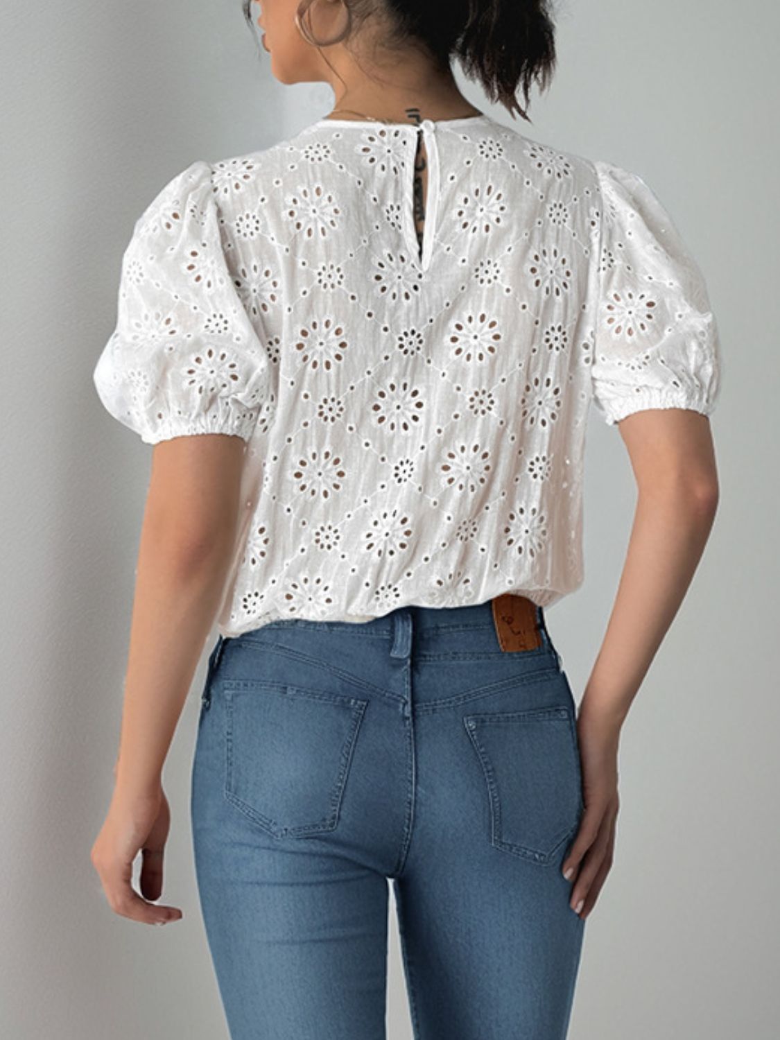 Perfee Tied Eyelet Short Sleeve Bodysuit