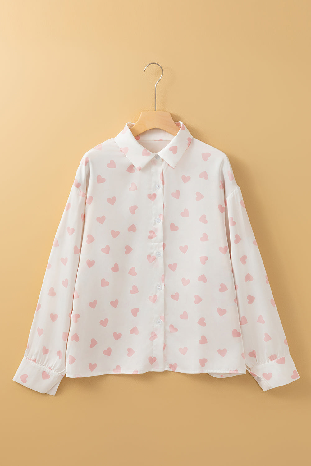 Heart Print Collared Neck Long Sleeve Shirt