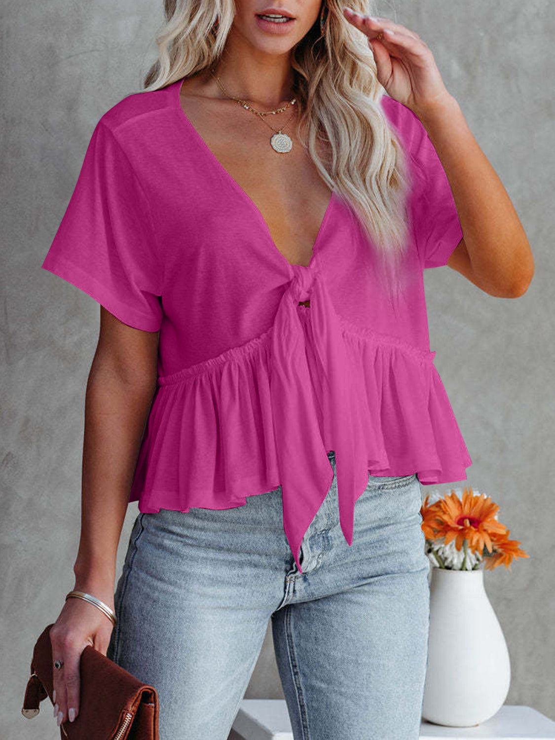 Tied Plunge Short Sleeve Blouse