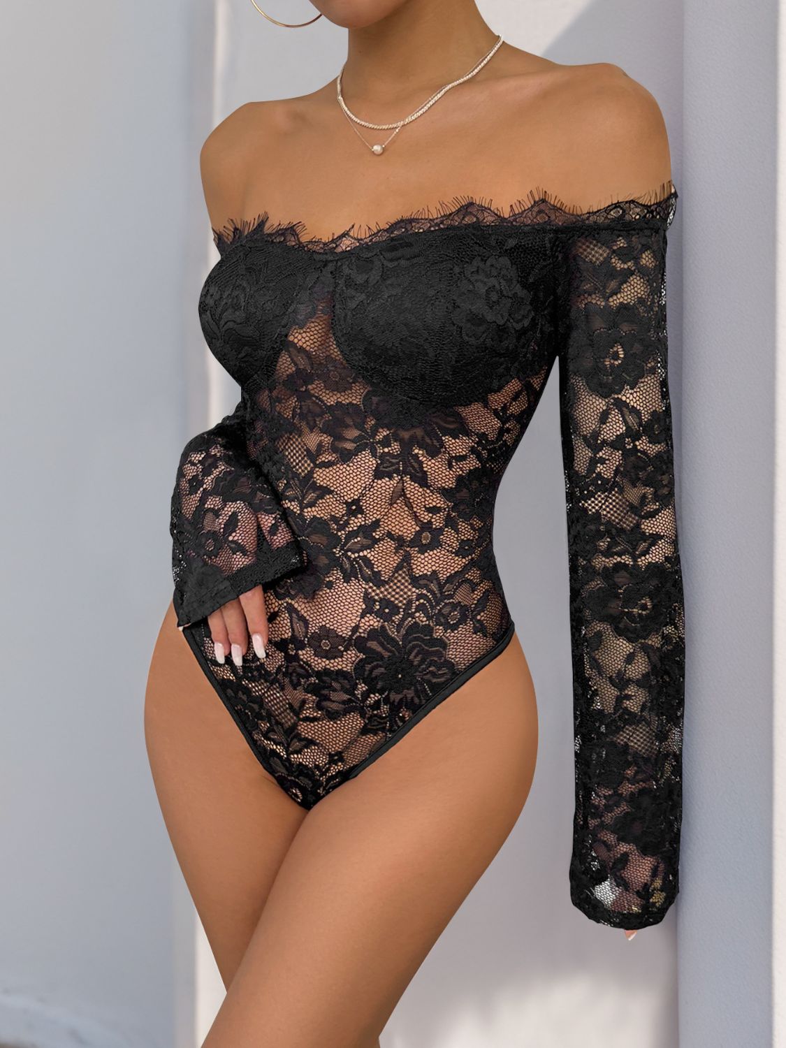 Perfee Lace Off-Shoulder Long Sleeve Bodysuit