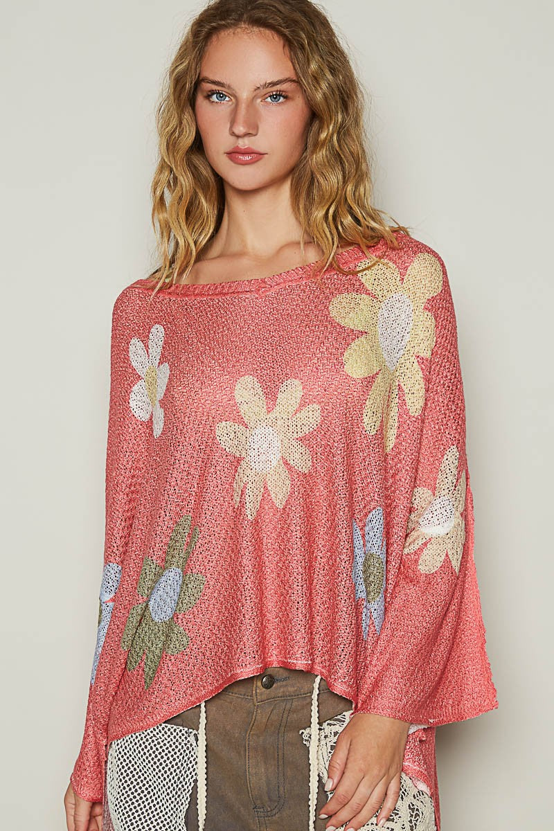 POL Flower Dropped Shoulder Long Sleeve Knit Top