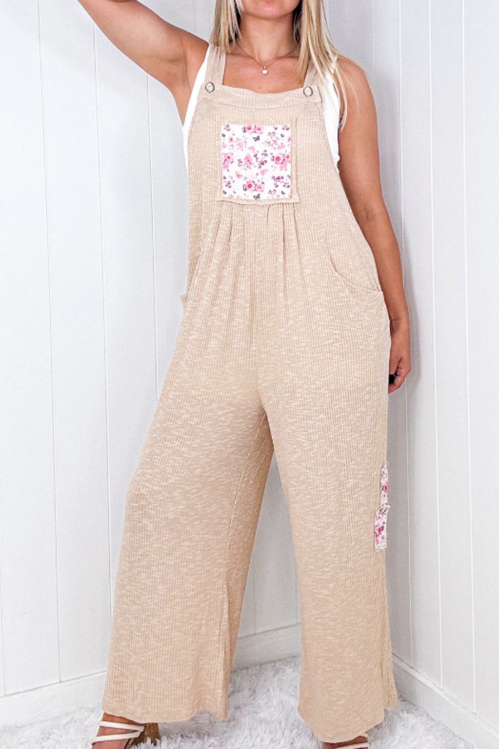 Floral Patch Wide Strap Wide Leg Overalls