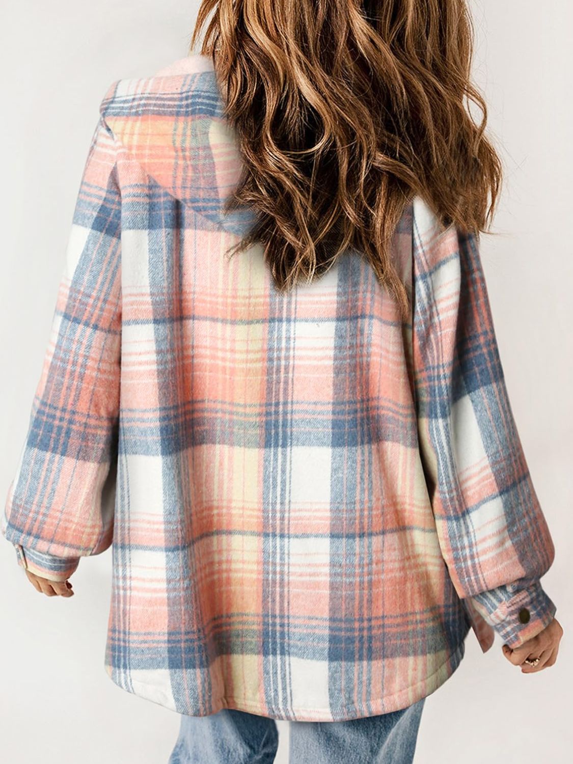 Plaid Snap Down Plush Hooded Jacket