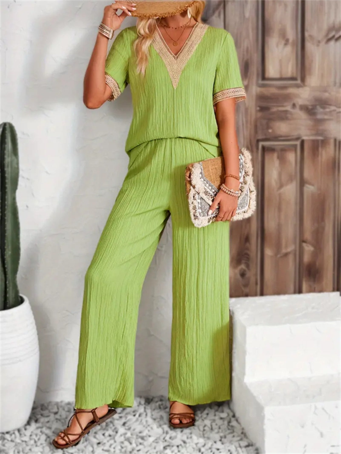 V-Neck Short Sleeve Top and Pants Set