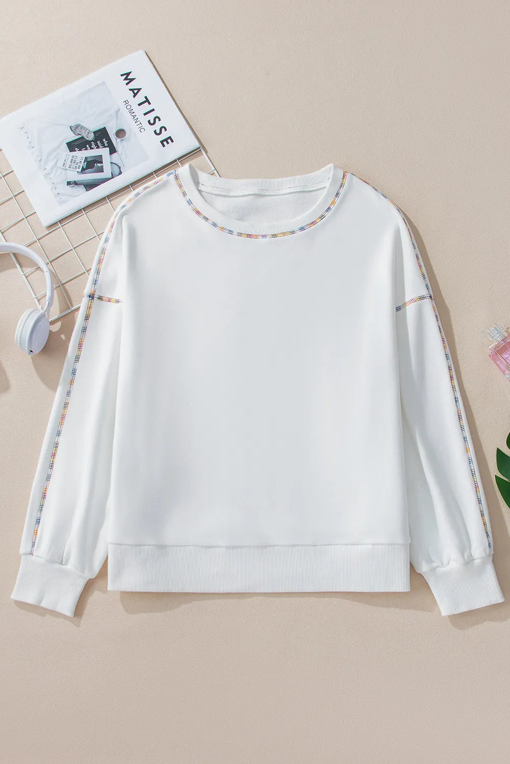 Rainbow Trim Round Neck Long Sleeve Sweatshirt