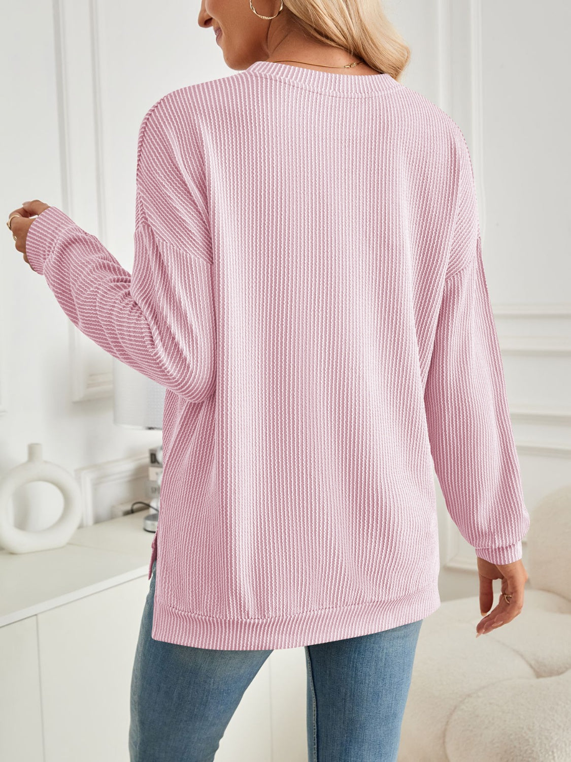 Lovelet Slit Round Neck Long Sleeve Sweatshirt