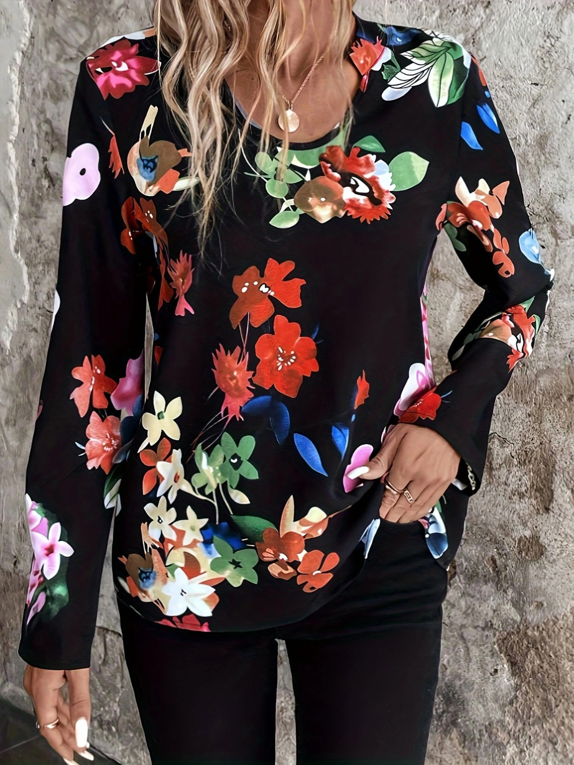 Printed Notched Long Sleeve Blouse