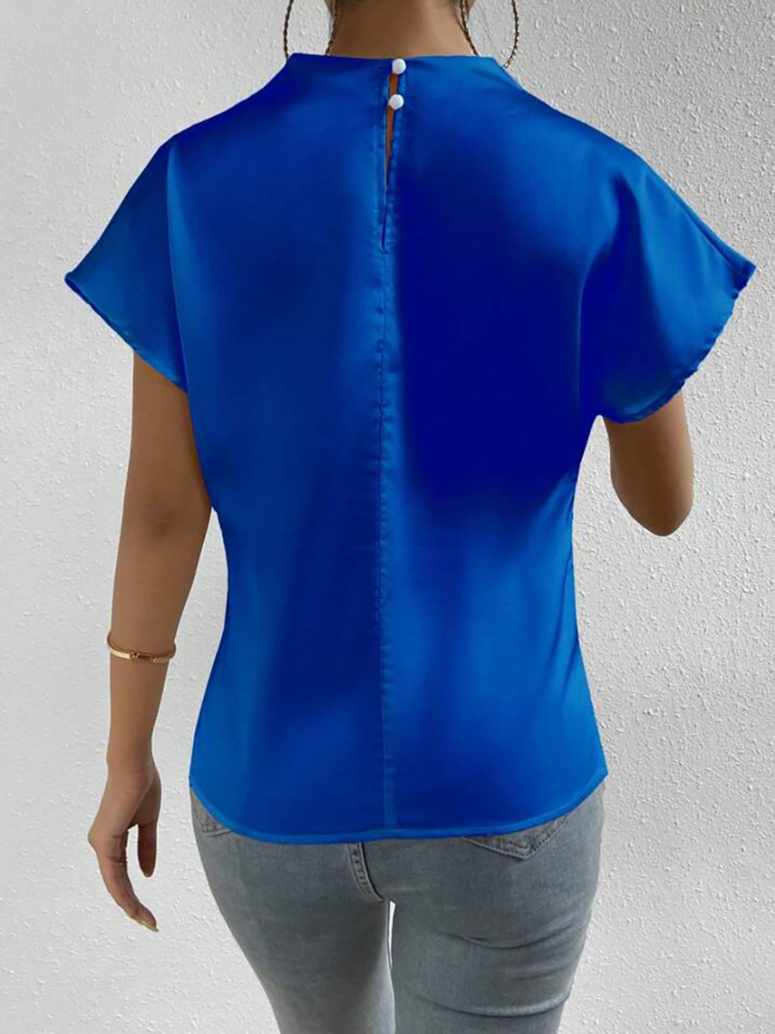 Ruched Mock Neck Short Sleeve Blouse