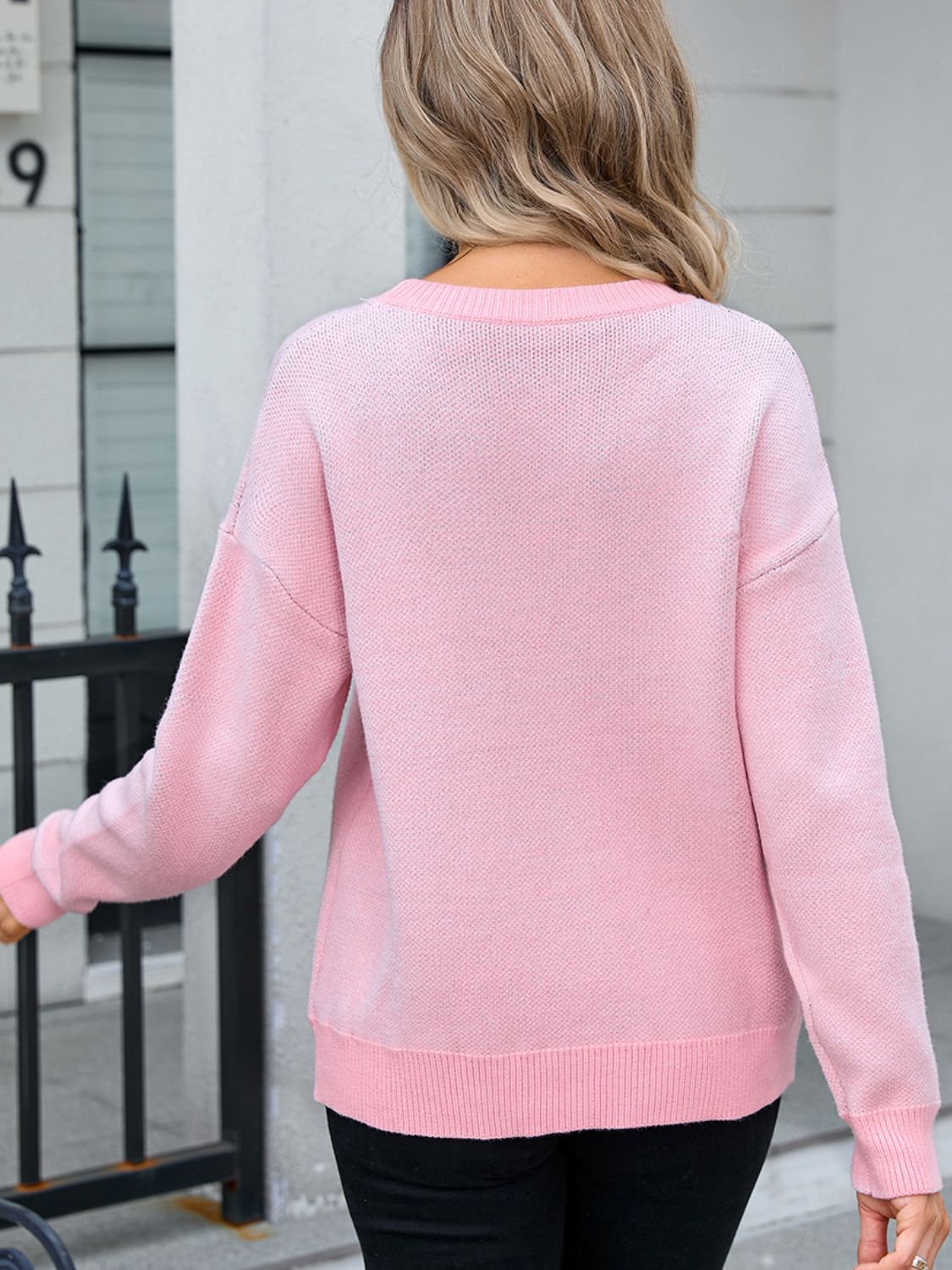 Bow Round Neck Dropped Shoulder Sweater