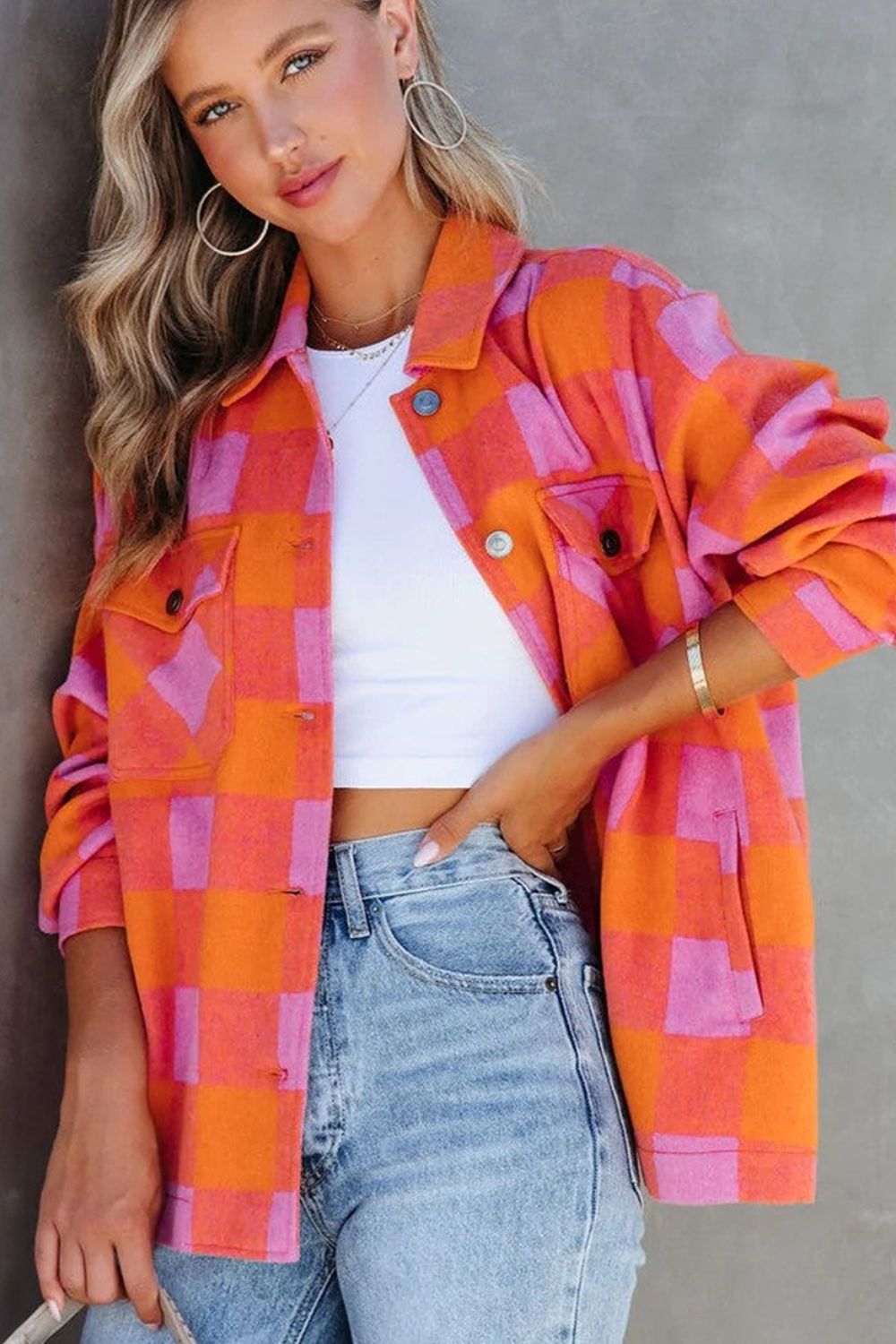 Plaid Collared Neck Button Up Jacket