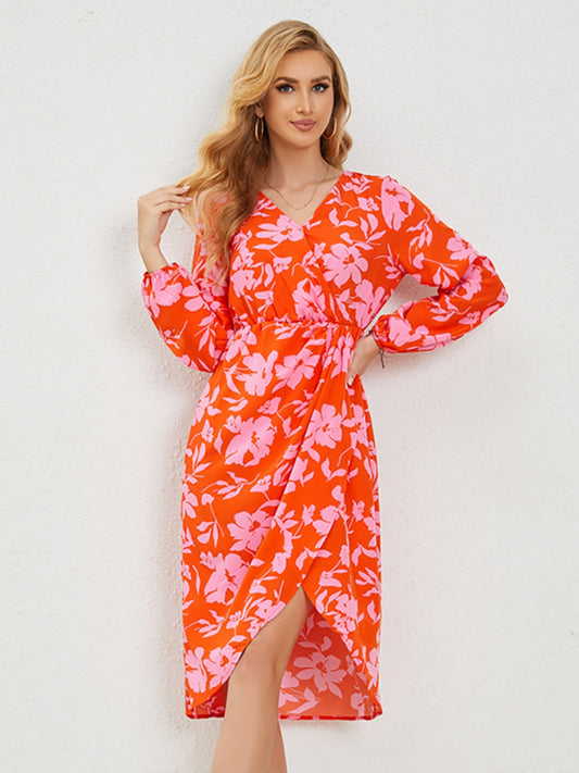 Printed Surplice Long Sleeve Midi Dress