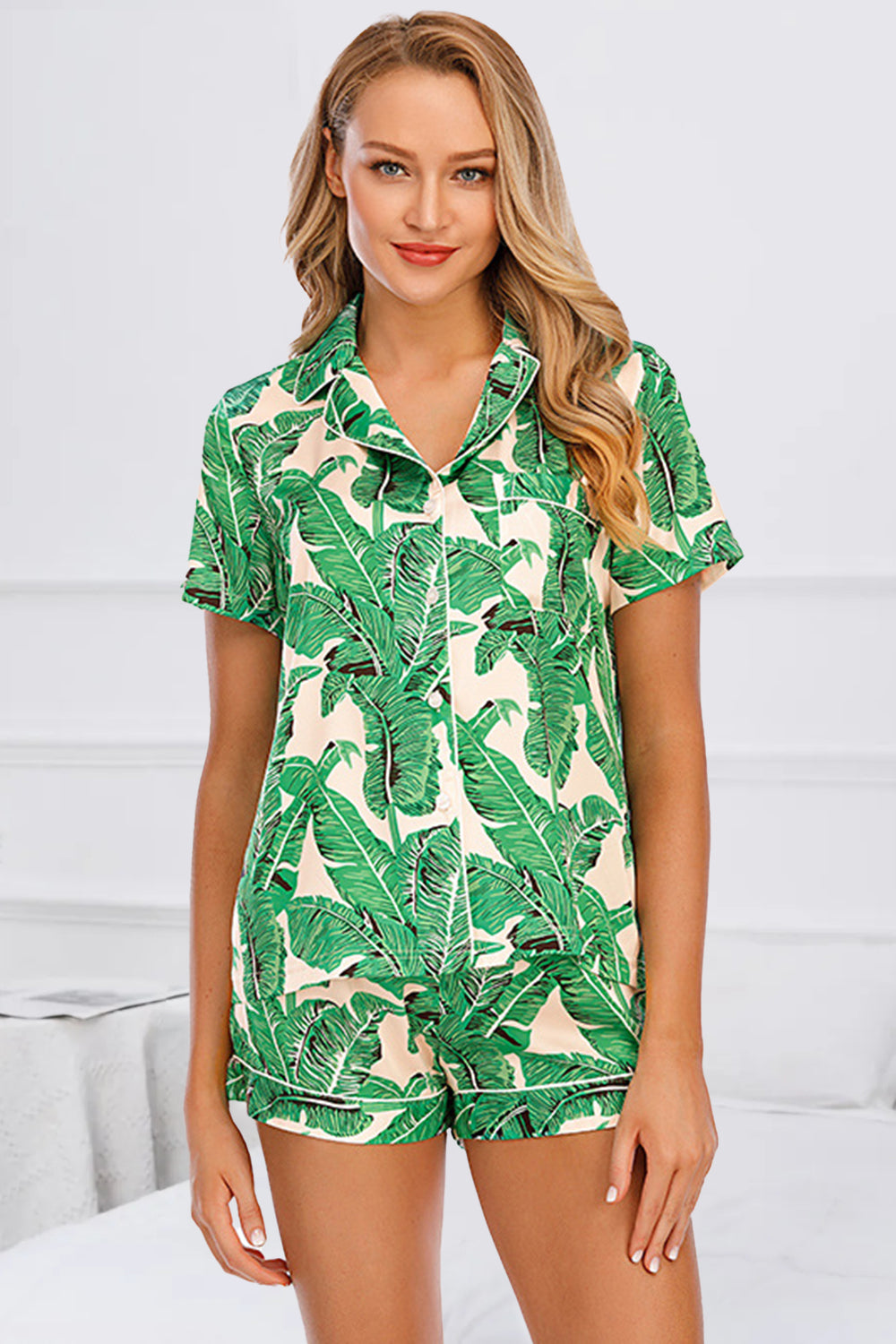 Printed Button Up Short Sleeve Top and Shorts Lounge Set