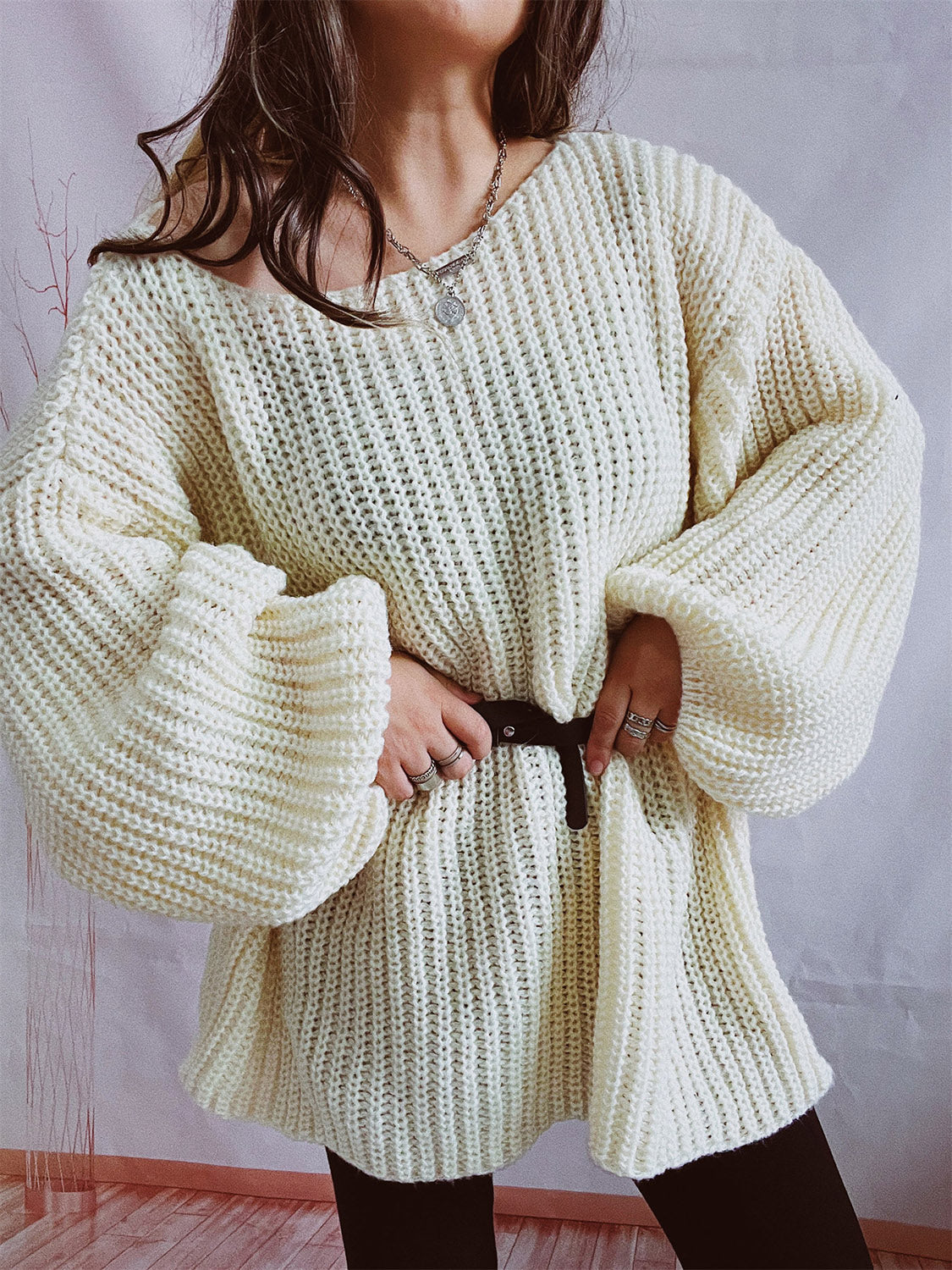 Boat Neck Long Sleeve Sweater with Belt