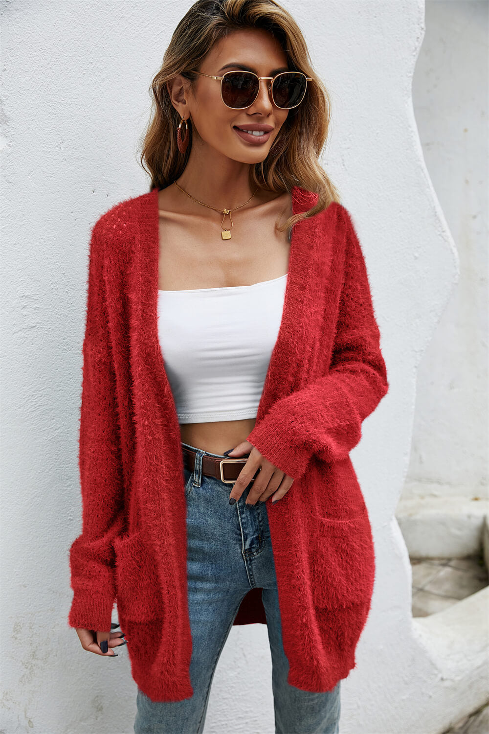 Angel Wings Open Front Openwork Fuzzy Cardigan with Pockets