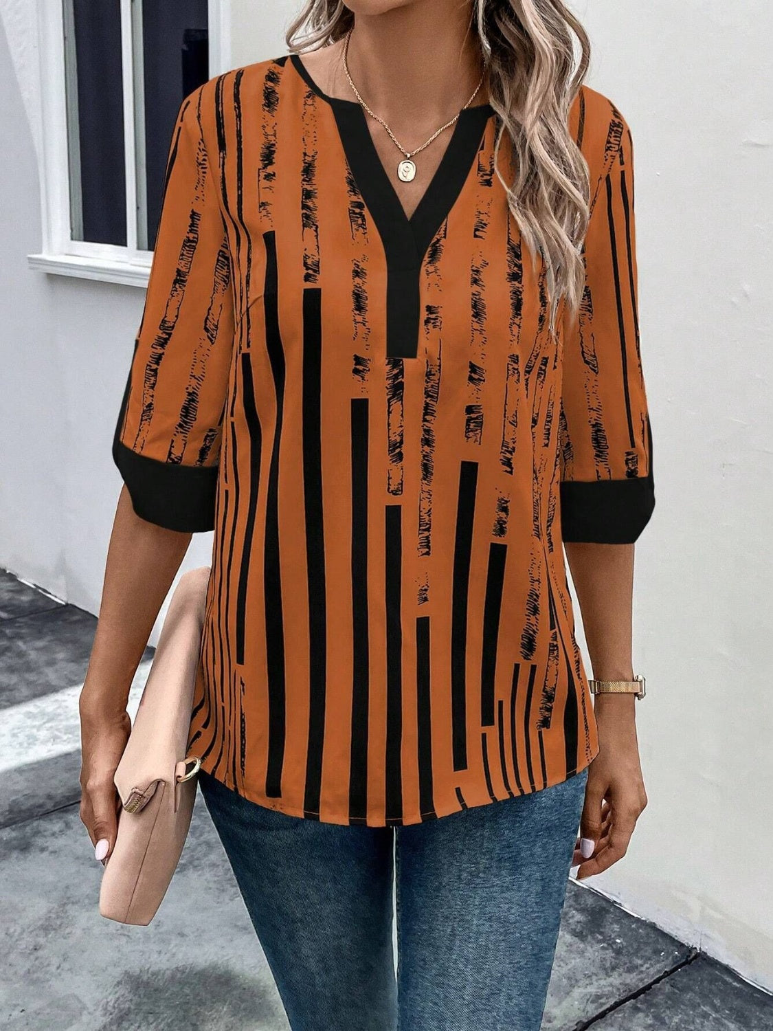 Striped Notched Half Sleeve Blouse