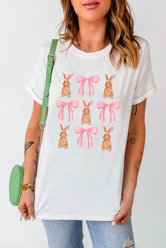 Rabbit & Bow Round Neck Short Sleeve T-Shirt