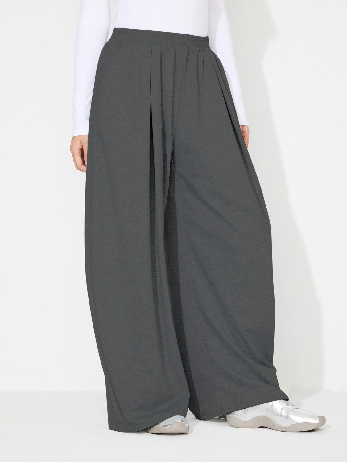 Elastic Waist Wide Leg Pants with Pockets