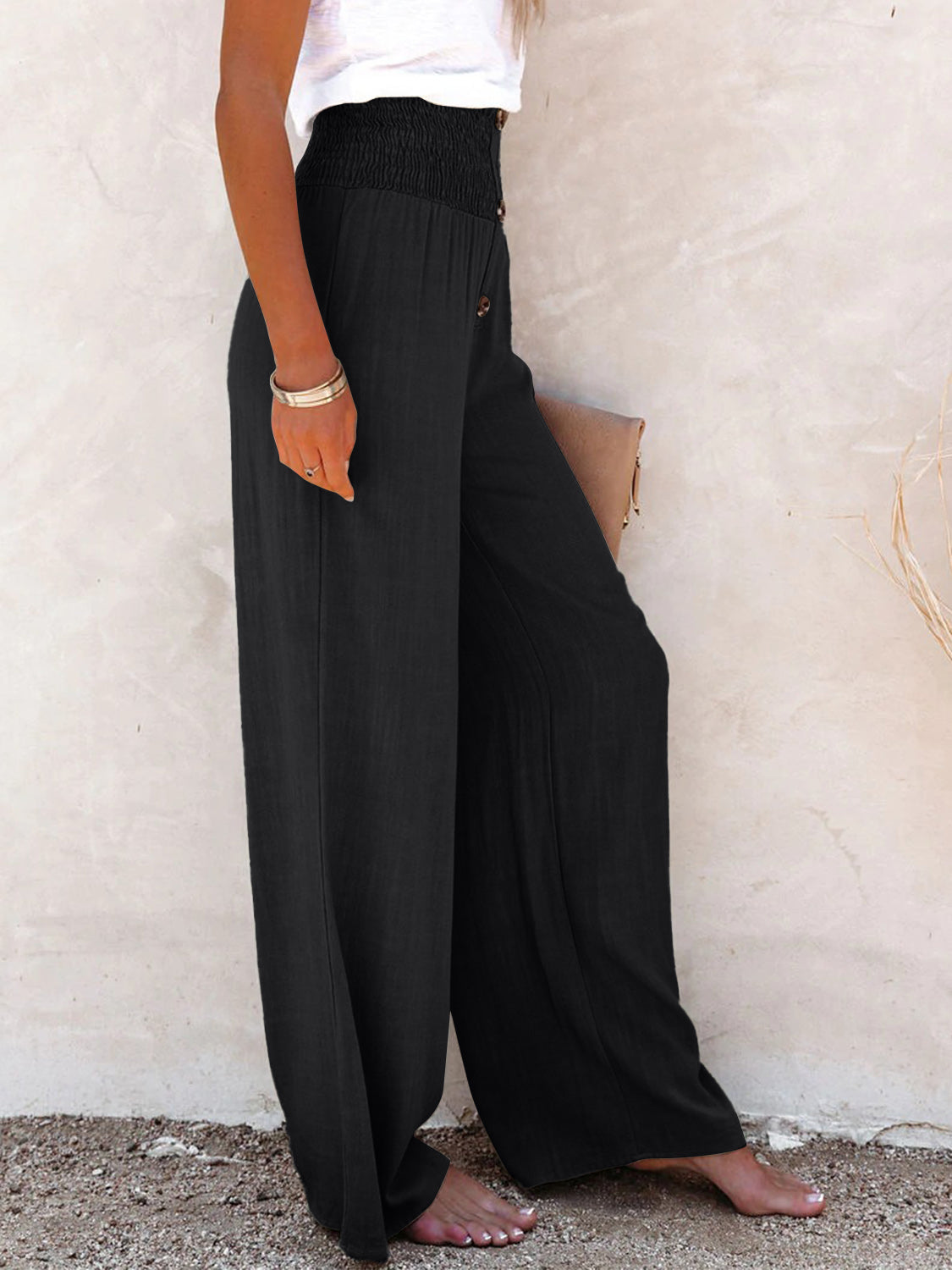 Full Size Decorative Button High Waist Pants