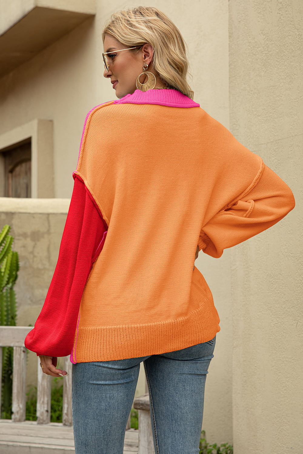 Angel Wings Color Block Round Neck Dropped Shoulder Sweater