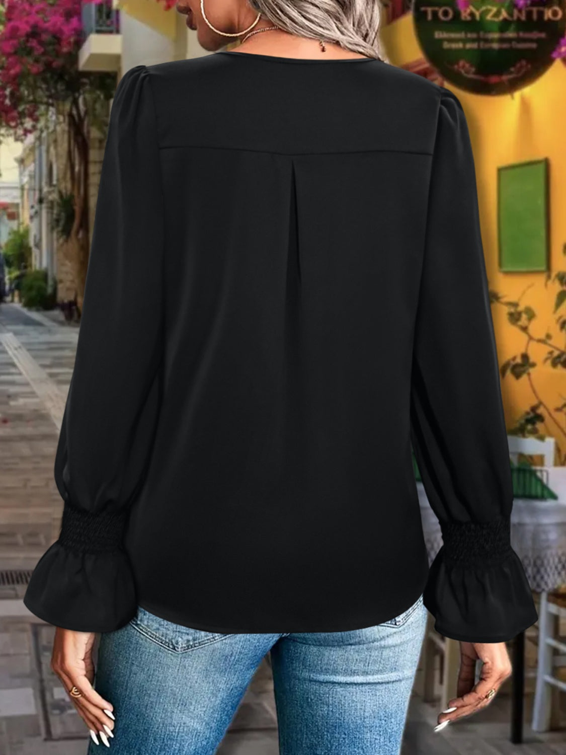 V-Neck Flounce Sleeve Blouse