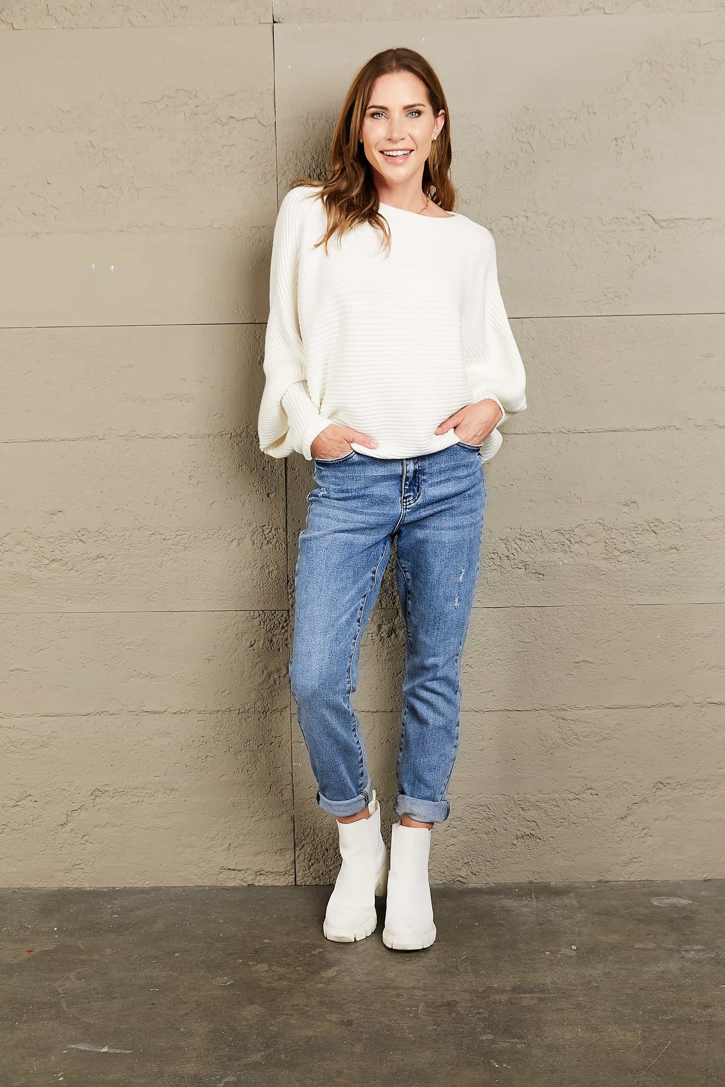 Woven Right Horizontal Ribbing Dolman Sleeve Sweater