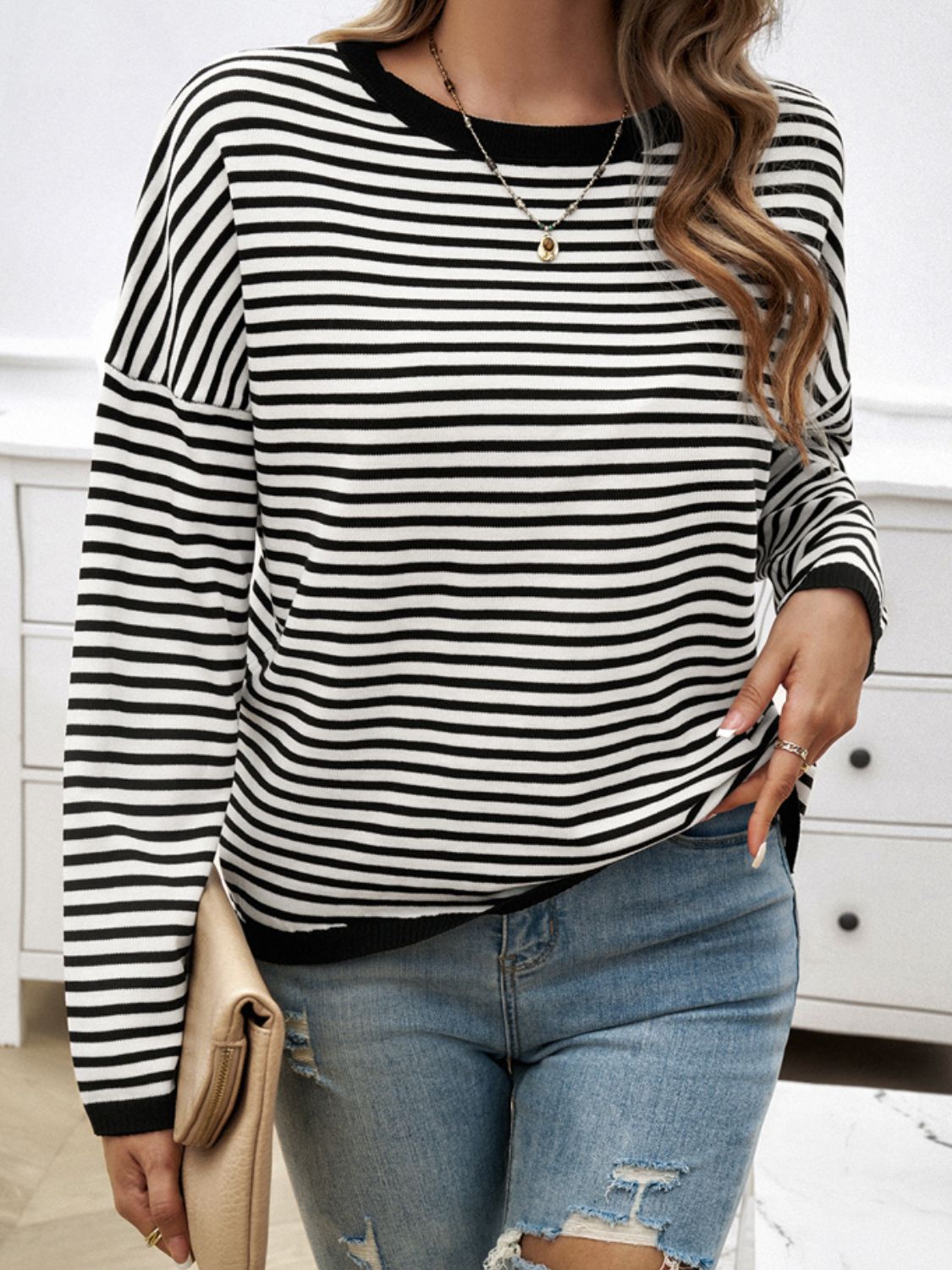 Striped Round Neck Dropped Shoulder Sweater