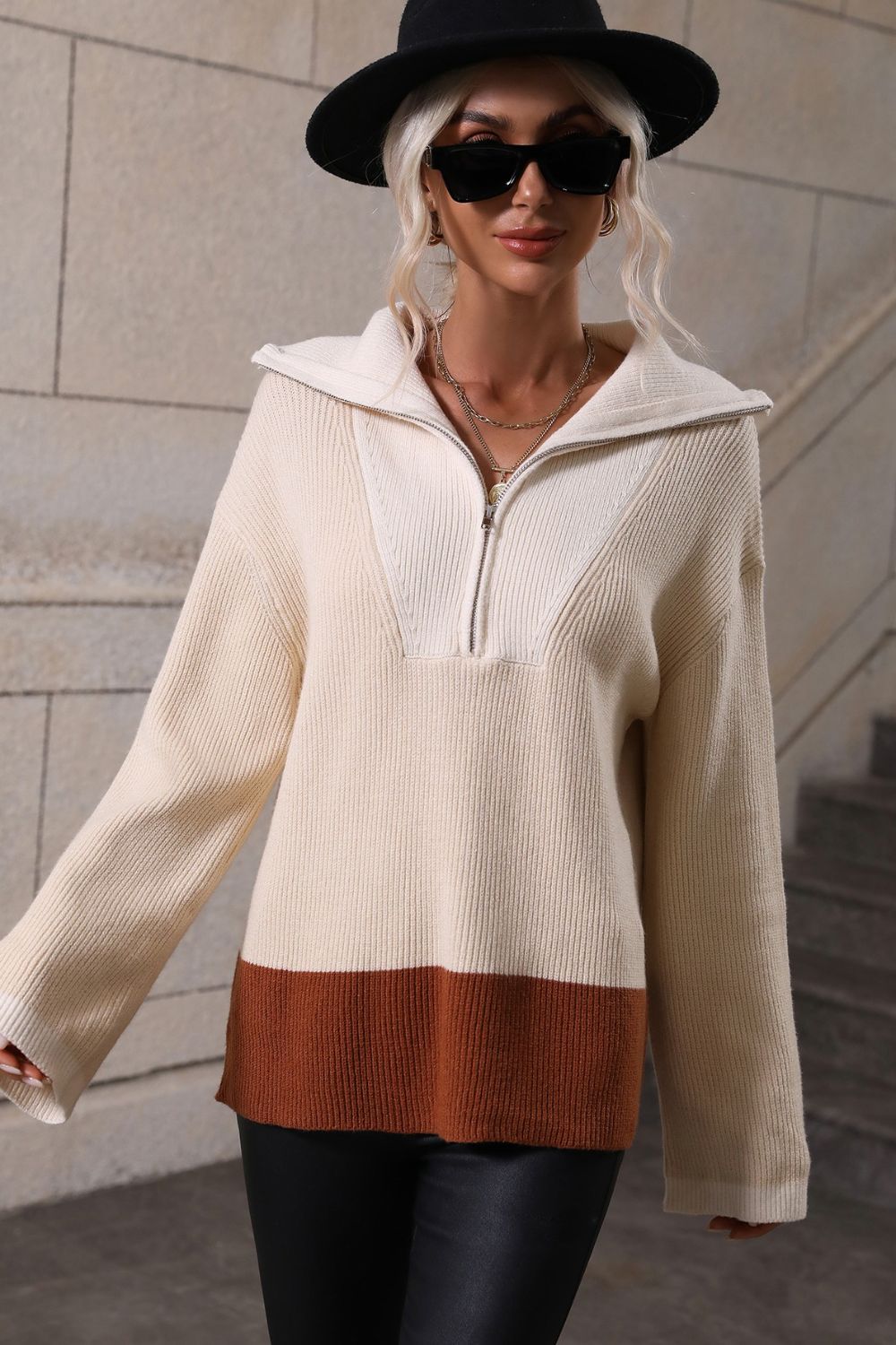 Color Block Half-Zip Dropped Shoulder Knit Pullover