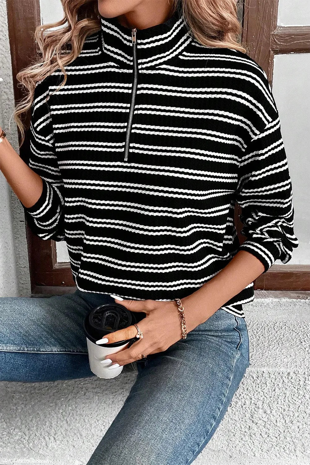 Striped Half Zip Long Sleeve Top