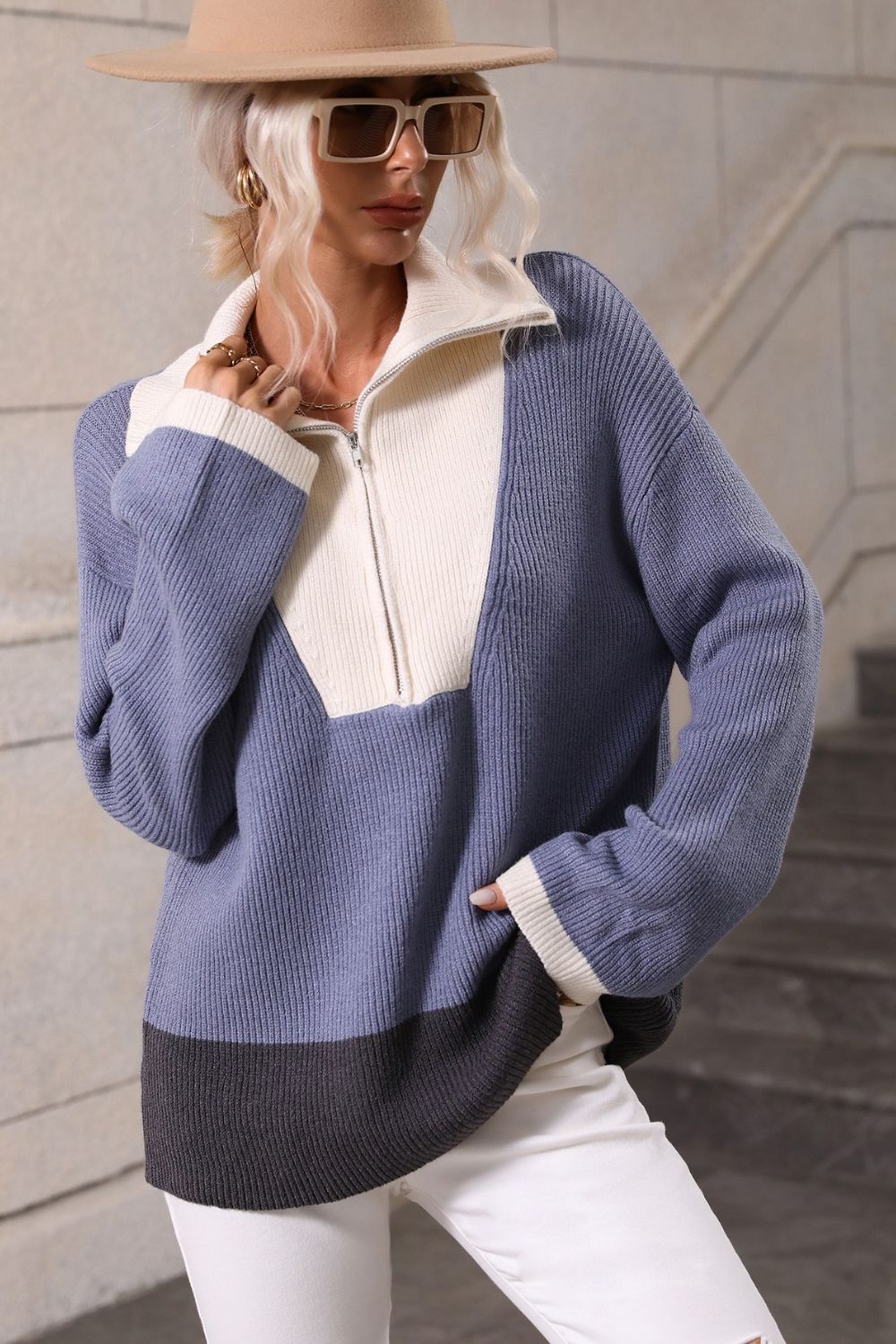 Color Block Half-Zip Dropped Shoulder Knit Pullover