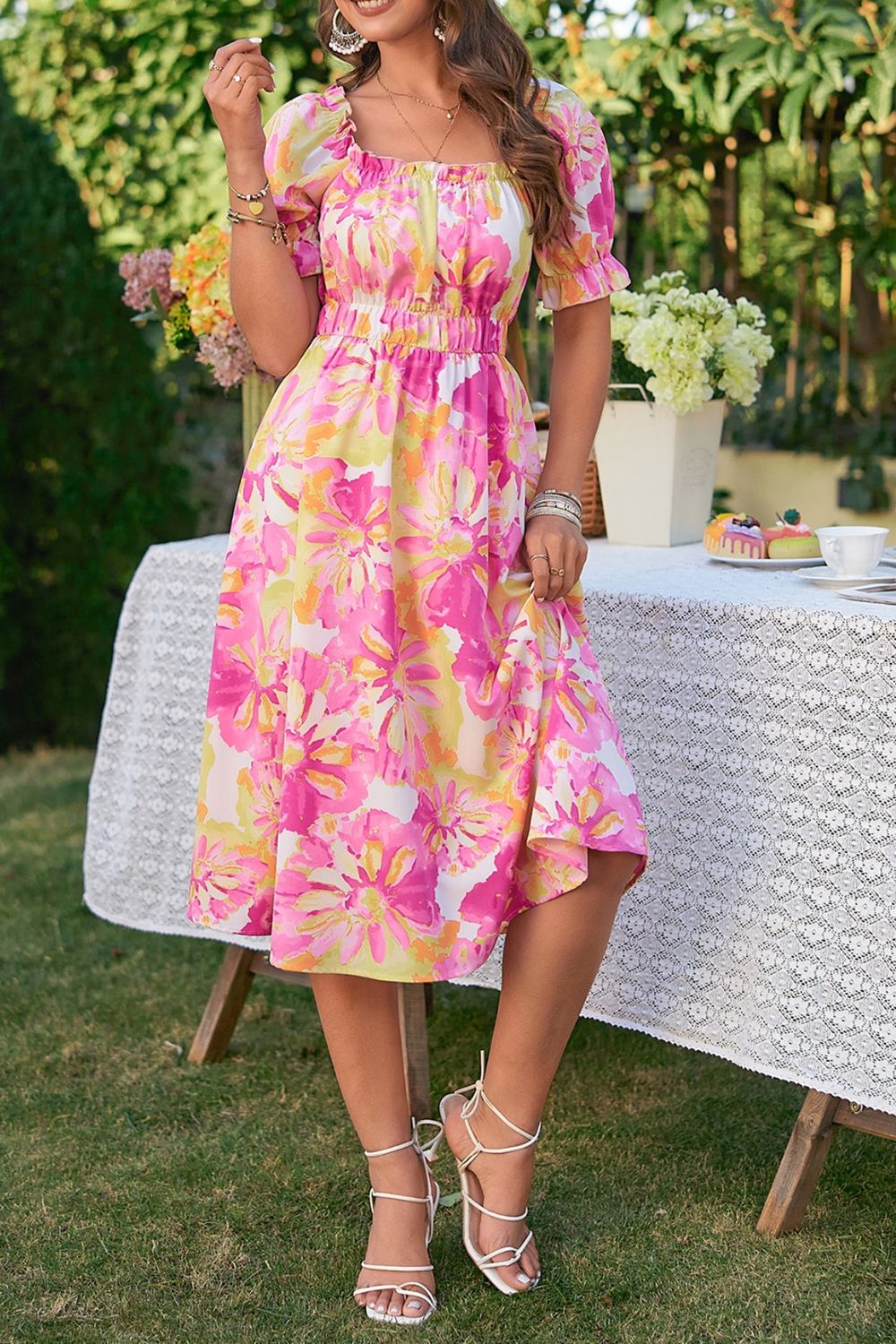 Floral Frill Trim Square Neck Dress