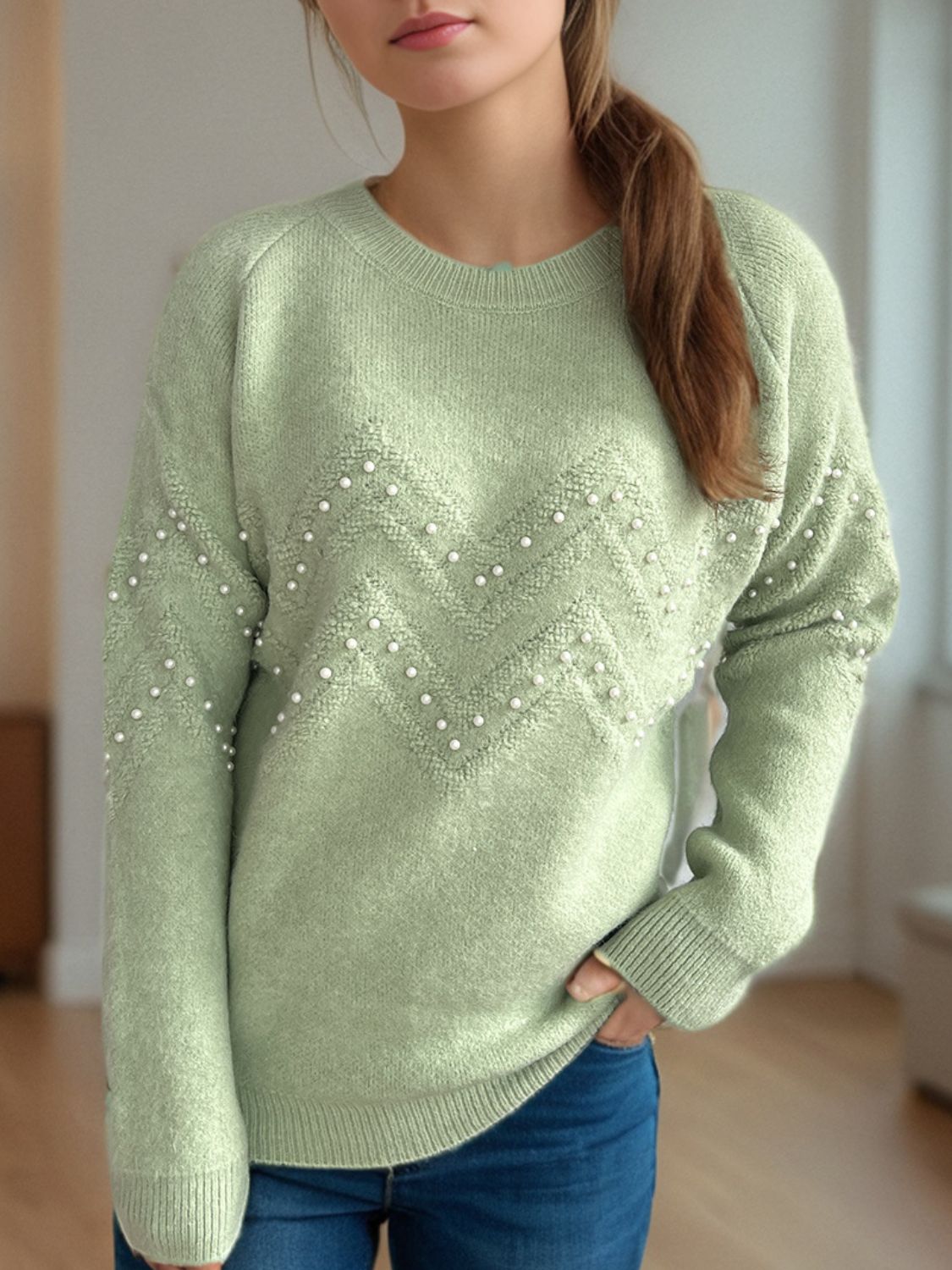 Pearl Trim Round Neck Raglan Sleeve Sweater