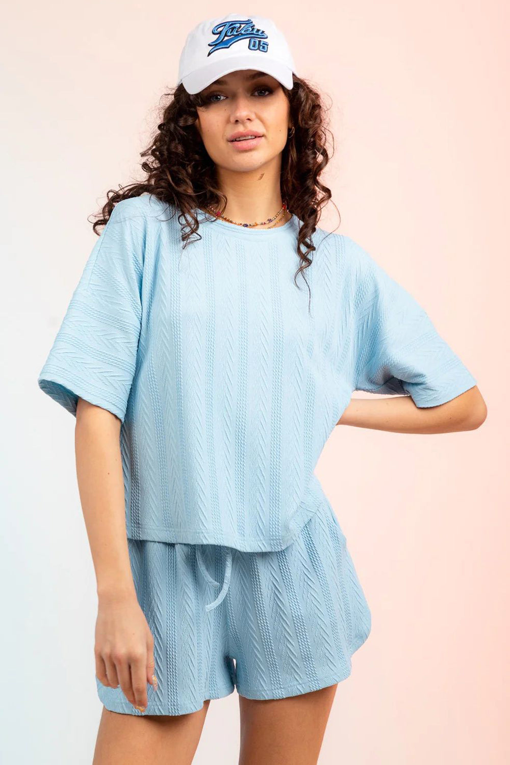 Textured Round Neck Top and Shorts Set