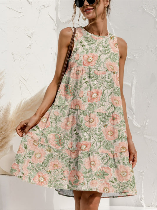 Tiered Printed Round Neck Sleeveless Dress