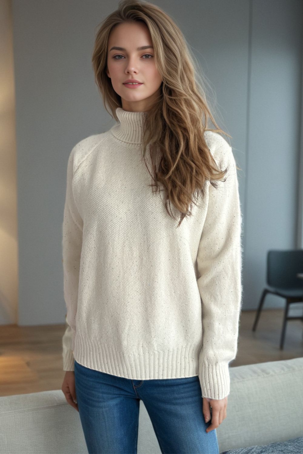 Ribbed Turtleneck Raglan Sleeve Sweater