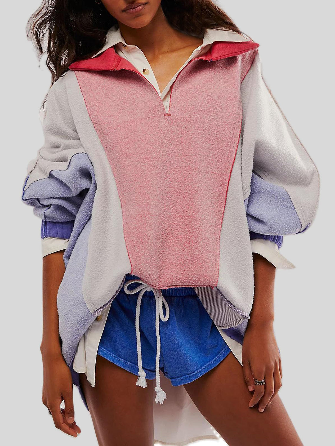 High-Low Exposed Seam Contrast Long Sleeve Sweatshirt