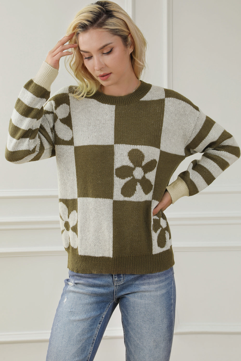 Contrast Round Neck Long Sleeve Sweater