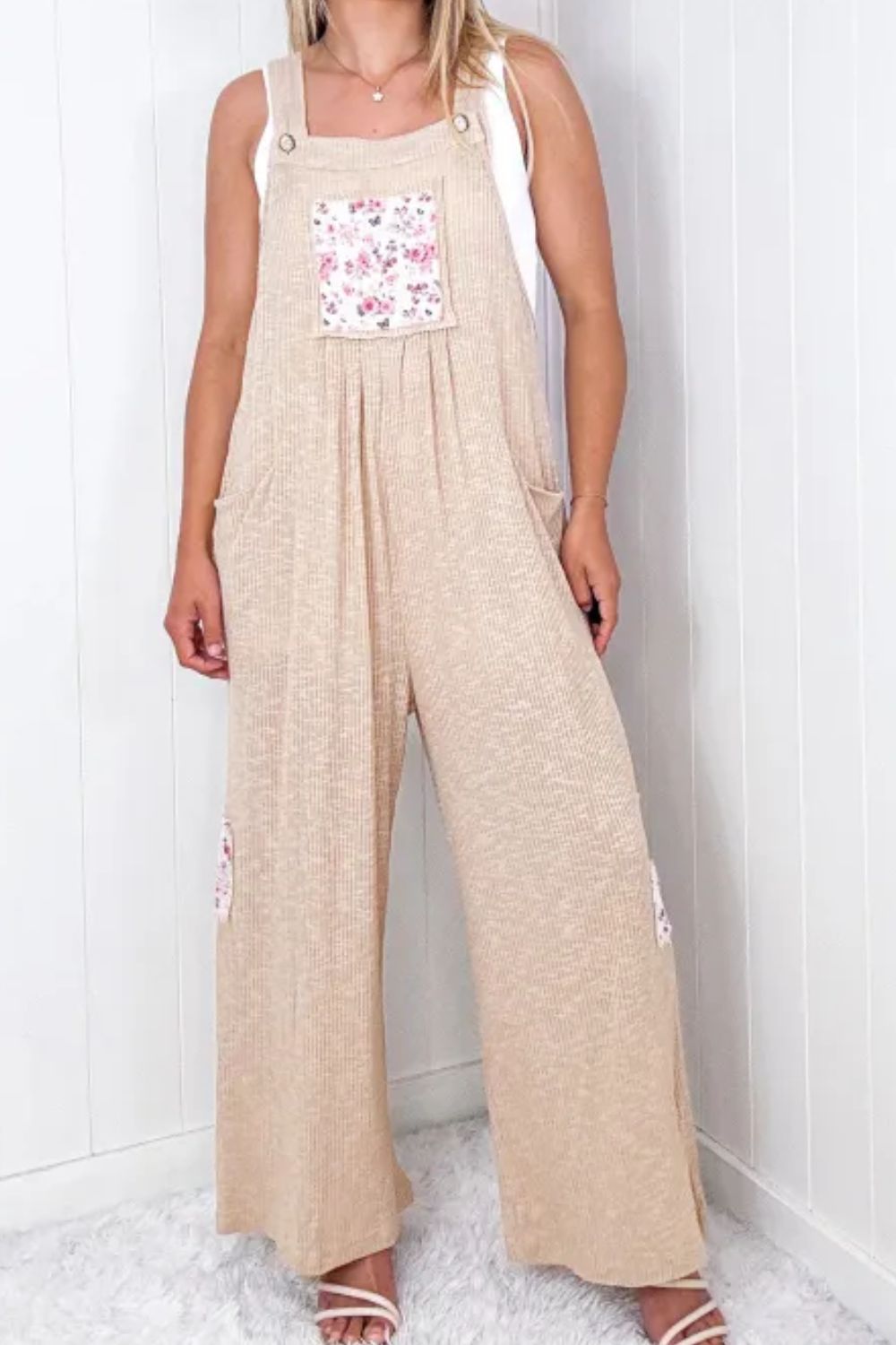 Floral Patch Wide Strap Wide Leg Overalls