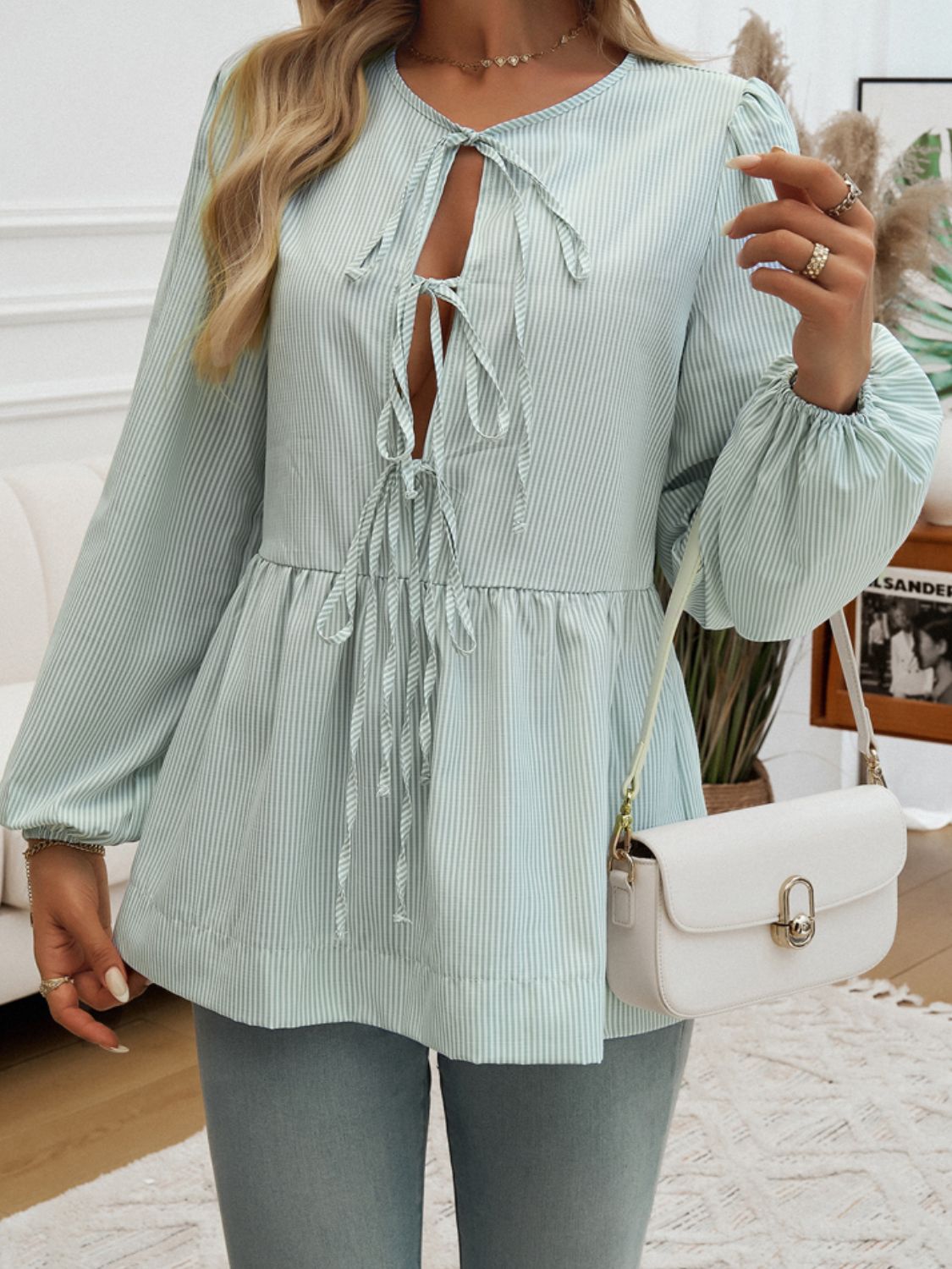 Tied Striped Long Sleeve Blouse