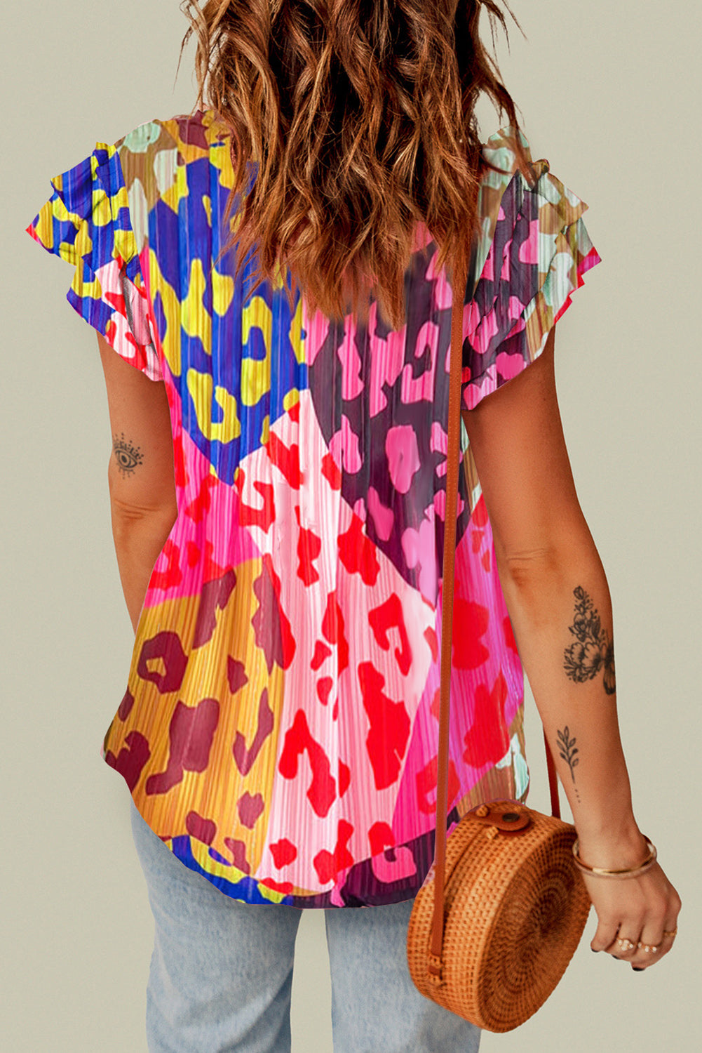 Ruffled Printed Tie Neck Cap Sleeve Blouse