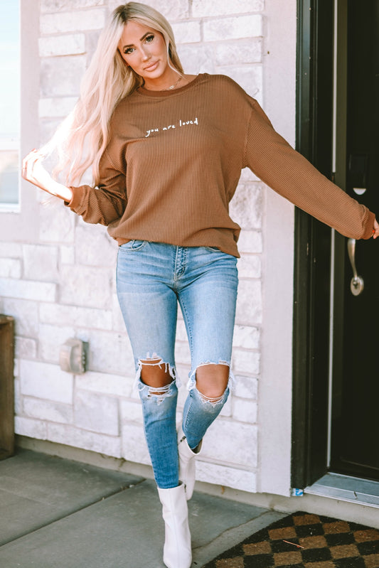 YOU ARE LOVED Graphic Dropped Shoulder Corduroy Sweatshirt