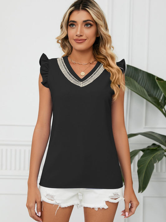 Ruffled V-Neck Cap Sleeve Blouse