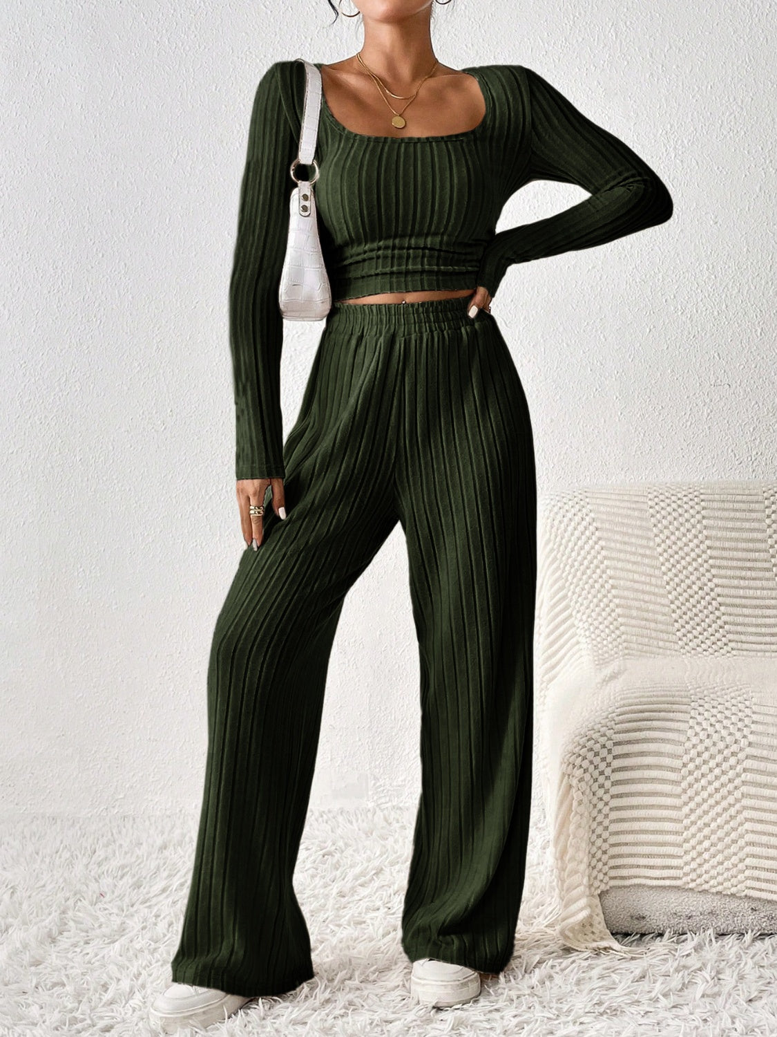 Scoop Neck Long Sleeve Top and Pants Set