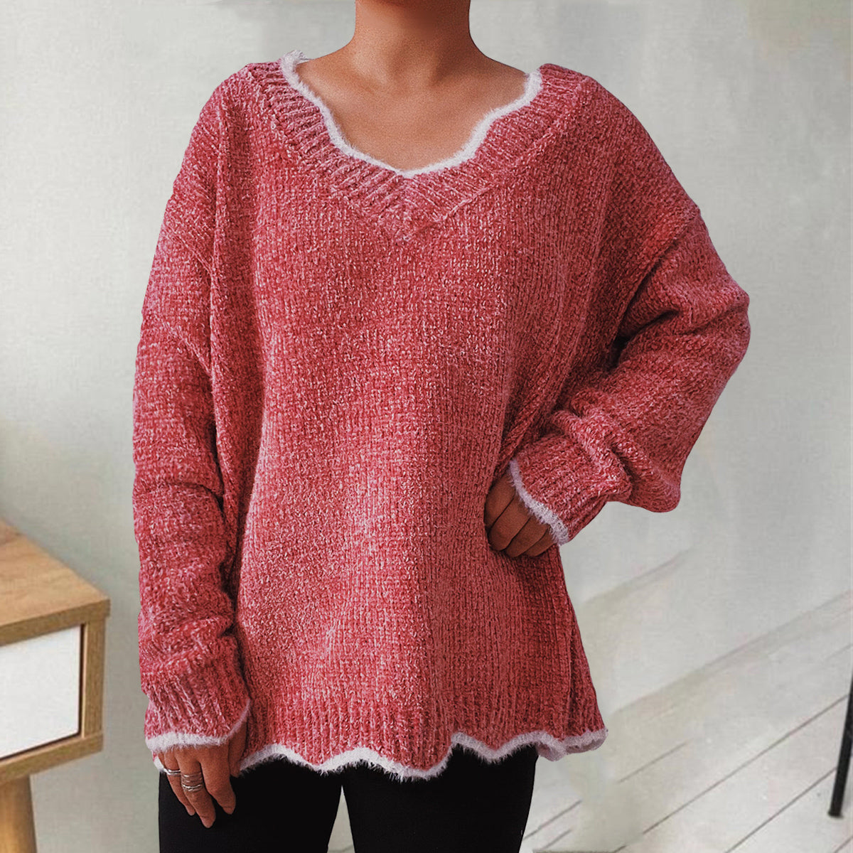 V-Neck Drop Shoulder Long Sleeve Sweater