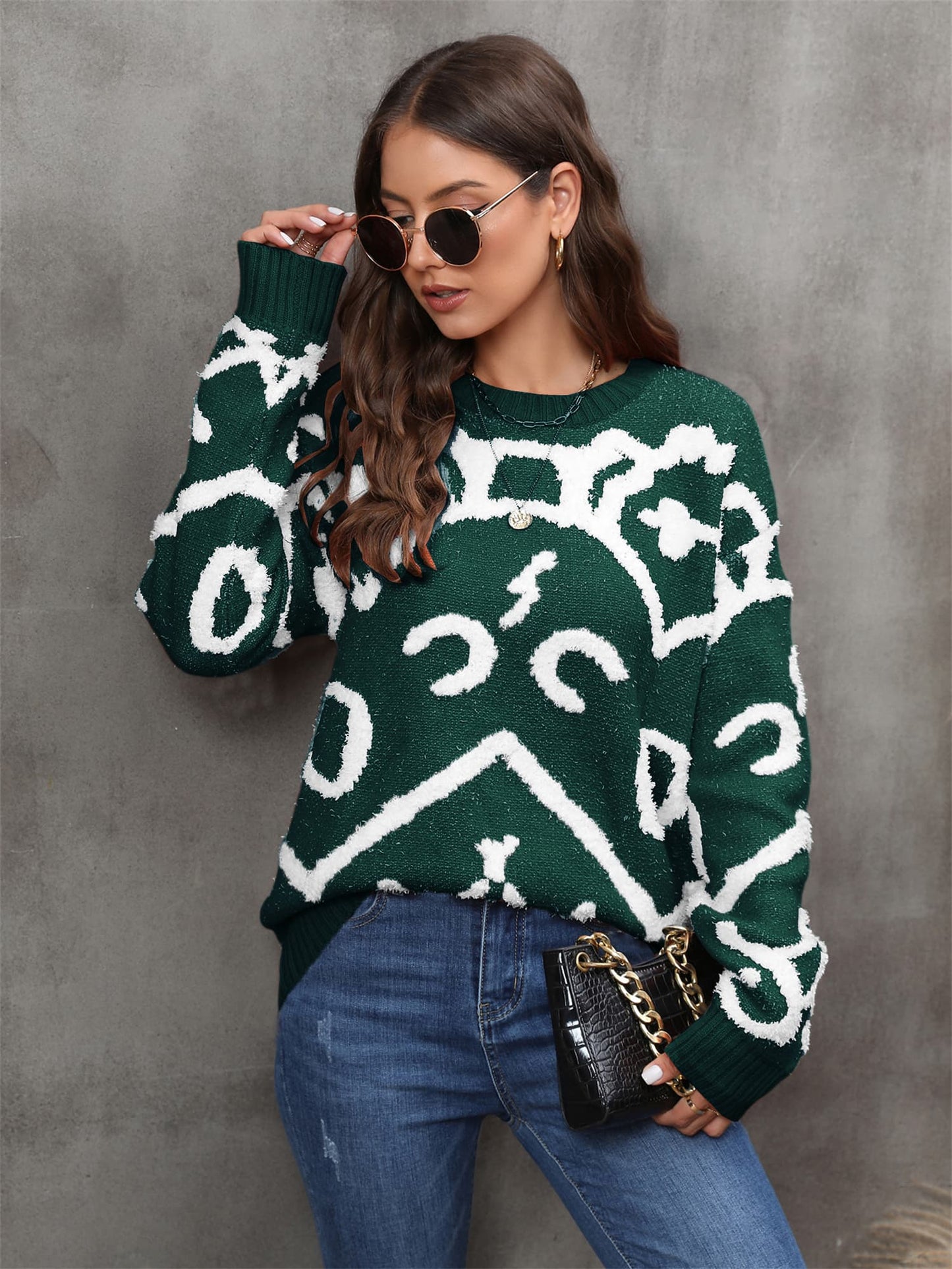 Angel Wings Printed Round Neck Dropped Shoulder Sweater